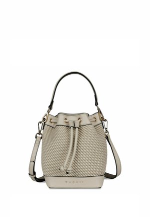 Borsa a secchiello beige con motivo testurizzato, chiusura a coulisse, manico superiore, tracolla regolabile e logo "bugatti" nella parte inferiore davanti.
