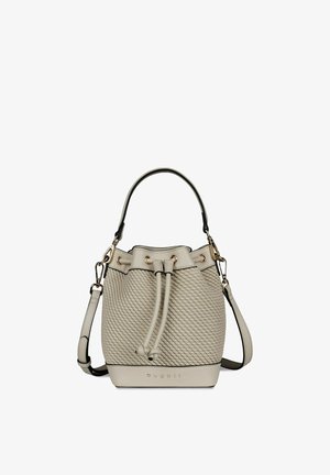 Bolso tipo cubo beige con patrón texturizado, cierre de cordón, asa superior, correa de hombro ajustable y logo "bugatti" en la parte inferior delantera.