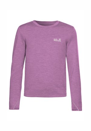 T-shirt violet à manches longues avec col rond, logo blanc Jack Wolfskin sur la poitrine gauche et détails subtils des coutures près des poignets.