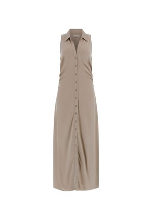 Mouwloze beige jurk met knopen, kraag en een lange, rechte snit die tot halverwege de kuit komt.
