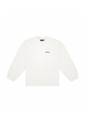 White long-sleeve sweatshirt made of cotton, featuring a crew neck and a small black logo on the chest, with ribbed cuffs and hem.