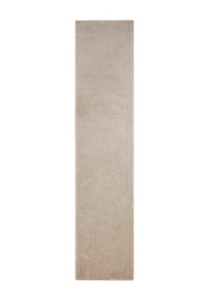 Langer rechteckiger beiger Teppichläufer mit weicher, plüschiger Textur und ohne sichtbare Muster oder Designs.