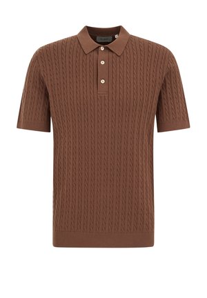 Polo marron à manches courtes avec motif en maille torsadée et trois boutons de couleur claire sur la patte.
