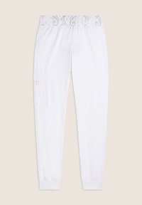 Pantalones de chándal blancos con una cintura elástica que presenta un sutil patrón gris, bolsillos laterales y puños ajustados. Logotipo de acento dorado impreso en el bolsillo.