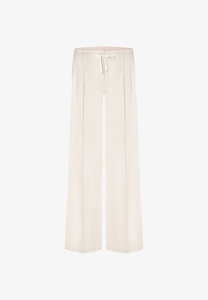Beige Hosen mit weitem Bein, feiner Streifenstruktur und einem vorderen Tunnelzugbund für eine verstellbare Passform.