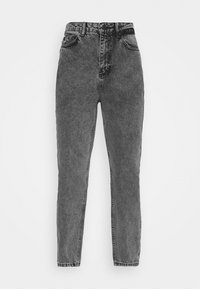 Jeans de tiro alto y pernera ajustada en denim negro deslavado. Cuenta con cinco bolsillos, trabillas para el cinturón y un clásico cierre de botón. Superficie texturizada.