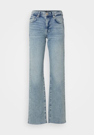 Hellblaues Denim-Jeans mit hoher Taille, weitem Bein und rohen Saumdetails. Verfügt über ein klassisches Fünf-Taschen-Design und einen vorderen Knopfverschluss.