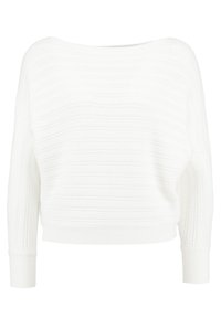 Pull blanc en maille avec un motif texturé, large encolure bateau, poignets et ourlet côtelés, offrant une coupe décontractée et un tissu doux.