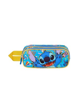 Trousse bleue avec des accents jaunes, comportant un graphique de Stitch, des motifs vifs et une fermeture éclair. Fabriquée en tissu résistant.