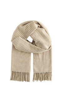 Beżowy i brązowy szalik w kratę houndstooth z frędzlami na końcach, wykonany z miękkiego materiału, zaprojektowany dla ciepła i stylu.