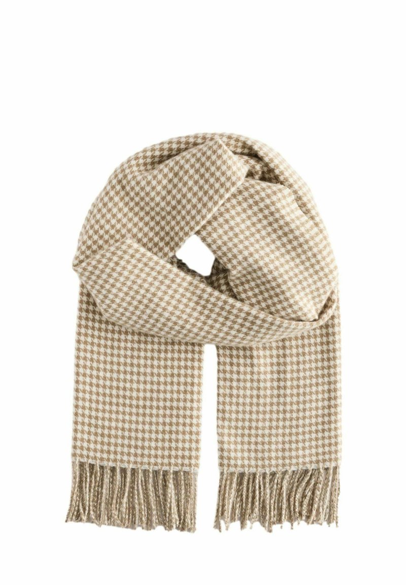 Beżowy i brązowy szalik w kratę houndstooth z frędzlami na końcach, wykonany z miękkiego materiału, zaprojektowany dla ciepła i stylu.