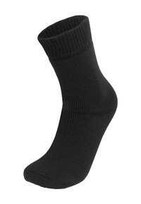 Schwarze Knöchelsocke mit geripptem Bündchen, die eine glatte Textur und eine enganliegende Form aufweist. Der Stoff wirkt dehnbar und strapazierfähig.