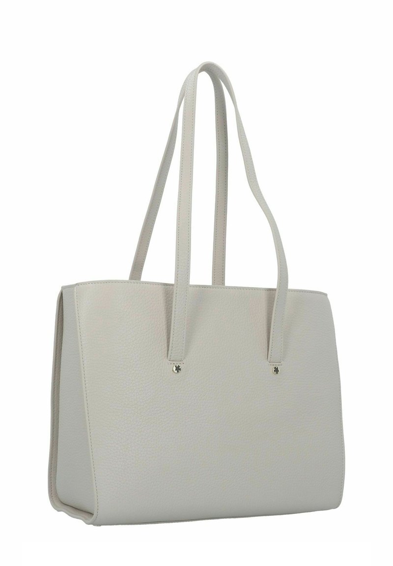 Hellgraue Leder-Tasche mit glatter Textur, rechteckiger Form und zwei langen Henkeln. Besitzt ein minimalistisches Design und kleine Metallakzente.