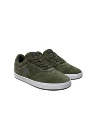 Green suede sneakers with a smooth texture, featuring grey logo accents, round toe, and white rubber sole. Laces are in matching green.