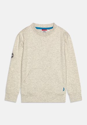 Lichtgrijze sweatshirt met lange mouwen, voorzien van een voorzak, blauwe binnenhalsvoering en een kleine ronde patch op de linker mouw.
