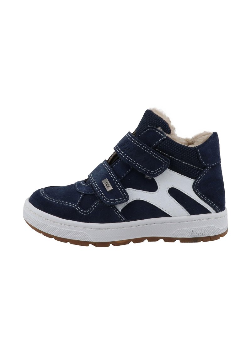 Navyblaue und weiße Hochsneaker für Kinder mit zwei Klettverschlüssen und einem mit Fell gefütterten Innenbereich, Gummisohle mit braunem Profil.