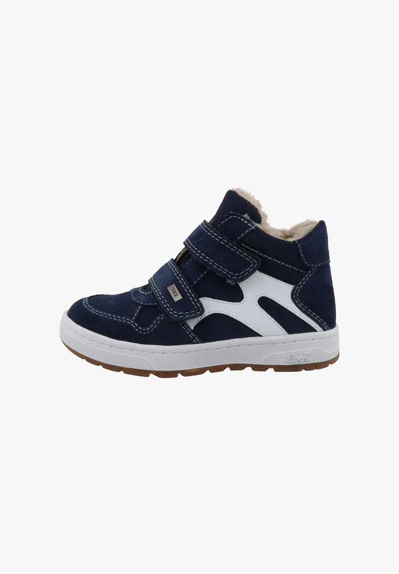 Navy blue and white children's high-top sneaker with two Velcro straps and a fur-lined interior, rubber sole with brown tread.