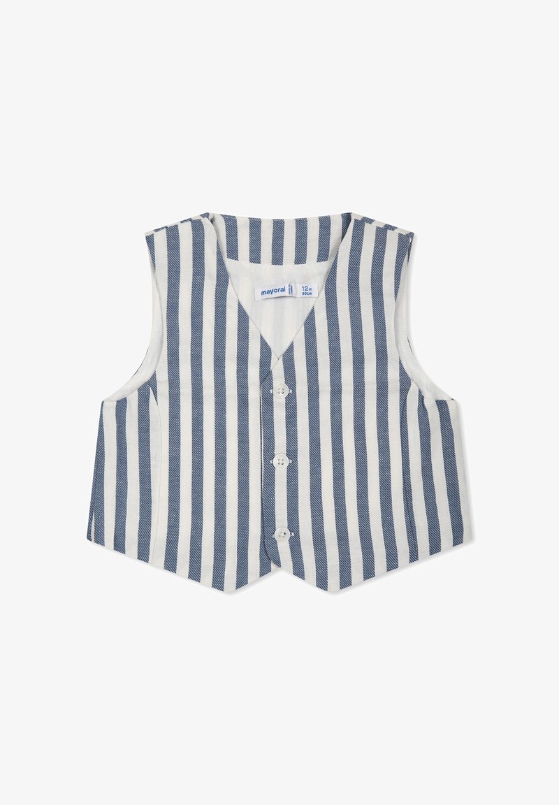 Gilet senza maniche in cotone a righe bianche e blu navy con scollatura a V e chiusura frontale a tre bottoni. Caratterizzato dal suo tessuto leggero e testurizzato.