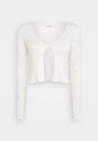 Biała prążkowana kardigan o kroju cropped z długimi rękawami i głębokim dekoltem w serek, z otwartym przodem i teksturowanym materiałem.