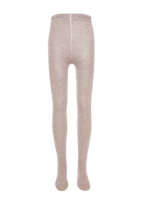 Leggings en tricot beige clair avec une texture douce, présentant un design sans couture et une large taille élastique avec un branding discret.