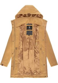 Mustard yellow coat with a smooth satin lining, featuring a hood, snap-button closure, and inner tags detailing care instructions and brand.