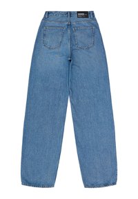 Light blue, high-waisted jeans with a loose fit, featuring two back pockets and a plain waistband label. Denim fabric has a soft texture.