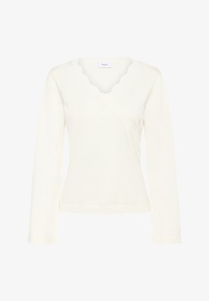 Creamefarvet langærmet strikbluse med scalloped V-udskæring og diagonalt flæse-detalje over fronten.