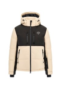 Pufferjack in beige en zwart. Voorzien van een capuchon, een ritssluiting aan de voorkant en twee ritszakken op de borst. Logo op de bovenlinkerzijde. Textuurstof.