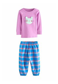 Rožinė ilgomis rankovėmis palaidinė su šviesiai mėlyno triušio veido aplikacija; mėlynai languotos kelnės su rožinėmis ir baltomis juostelėmis, elastinga juosmens juosta.