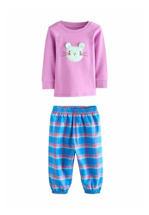 Różowa bluzka z długim rękawem z aplikacją w kształcie jasnoniebieskiej twarzy królika; niebieskie spodnie w kratę z różowymi i białymi paskami, elastyczny pas.