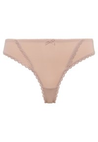 Perizoma nude realizzato in morbido materiale elastico, con pizzo lungo i bordi, un delicato fiocco al centro sul retro e una finitura liscia.