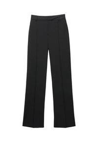 Pantalon large noir en tissu lisse, avec une taille plate, des passants pour ceinture et des détails de coutures verticales.