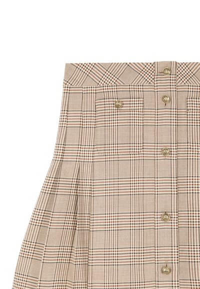 Beige geruite rok met plooien, voorzien van gouden knopen en een hoge tailleband. Het patroon bevat dunne en dikke lijnen in bruin en crème.