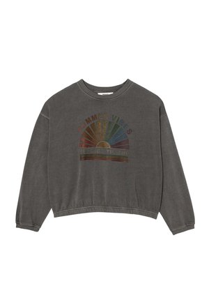 Sweatshirt à manches longues gris charbon avec un motif rétro coloré de rayons de soleil et le texte "SUMMER VIBES" et "RIDE WITH THE SUN" sur le devant.