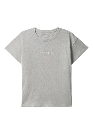 T-shirt grigio chiaro a maniche corte con scollo rotondo e "Calvin Klein" ricamato in bianco al centro del petto.