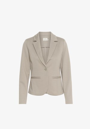 Blazer ajusté beige clair avec un col à cran, fermeture à un bouton et deux poches avant. Texture lisse, coupe décontractée, manches longues.