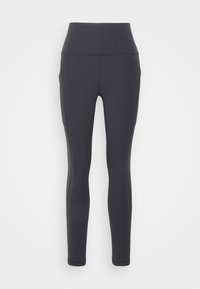 Leggings neri a vita alta realizzati in materiale elasticizzato, caratterizzati da una texture liscia e un design aderente con tasche laterali.