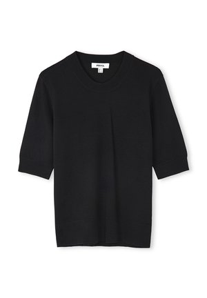 Pull noir à manches courtes avec un col rond, fabriqué en matière tricotée lisse, présente des bords côtelés et une coupe décontractée.