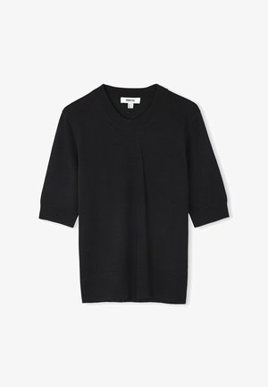 Czarny sweter z krótkim rękawem i okrągłym dekoltem, wykonany z gładkiego dzianinowego materiału, cechuje się ribbowymi brzegami oraz luźnym krojem.