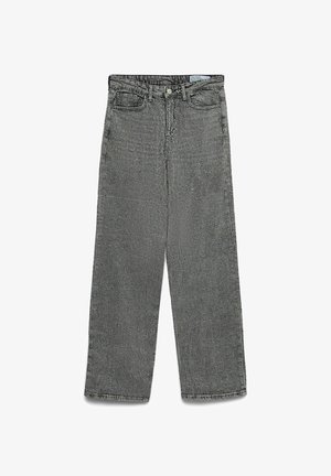 High-waisted gray jeans with a straight leg cut, button and zipper closure, belt loops, and front and back pockets.