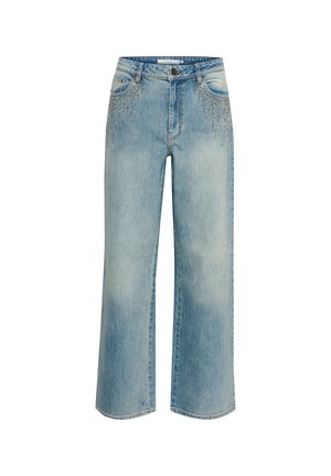 I jeans in denim azzurro chiaro a gamba larga presentano dettagli con borchie nelle tasche, vita alta e una linea dritta dall'anca all'orlo.