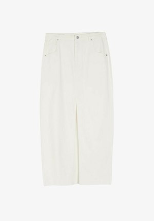 Biała spódnica jeansowa o prostym kroju, z kieszeniami z przodu, w srebrnym odcieniu wykończenia oraz długości do kolan. Gładka faktura i czyste linie.