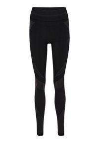 Svarta träningsleggings tillverkade av stretchigt tyg, med en texturerad midja och paneler med en något glansig yta för extra detalj.