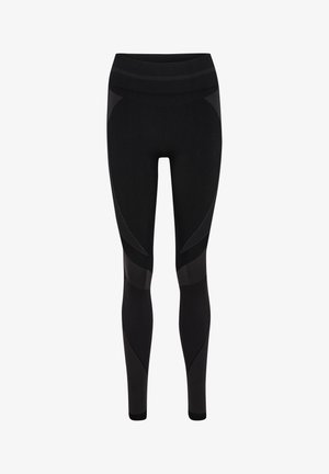 Sorte sportsleggings lavet af strækbart stof, med en tekstureret talje og paneler med en let skinnende finish for ekstra detaljer.