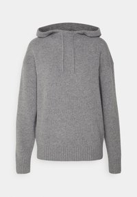 Szara bluza z kapturem wykonana z teksturowanego dzianinowego materiału, wyposażona w kaptur ze sznurkiem, ściągacze na mankietach i na dole, o luźnym fasonie.