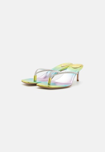 Glossy multicolor sandals with a thong style, silver straps, and a slim heel. The sole exhibits a gradient of pastel hues.