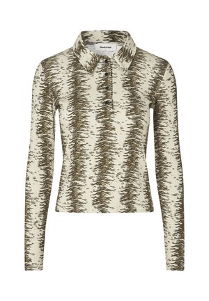 Long-sleeve polo shirt in beige with brown abstract pattern, featuring a collar, three-button placket, and ribbed texture.