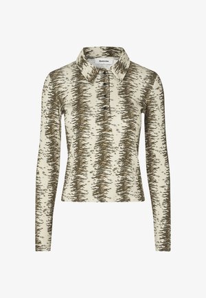 Polo à manches longues en beige avec un motif abstrait marron, doté d'un col, d'une patte de boutonnage à trois boutons et d'une texture côtelée.