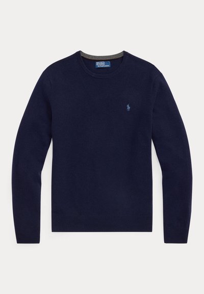 Marineblå langærmet rundhalset sweater med lille broderet logo på venstre bryst.