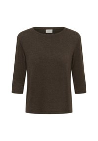 Ciemnobrązowy, lekki top z okrągłym dekoltem i rękawami o długości trzech ćwierć. Miękka faktura z delikatnym melanżowym wzorem.
